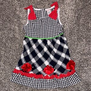 Youngland Black and White Checkered Dress with Red and Green Accents